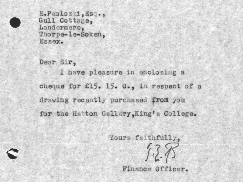 Cover note from the University Finance Officer to Paolozzi